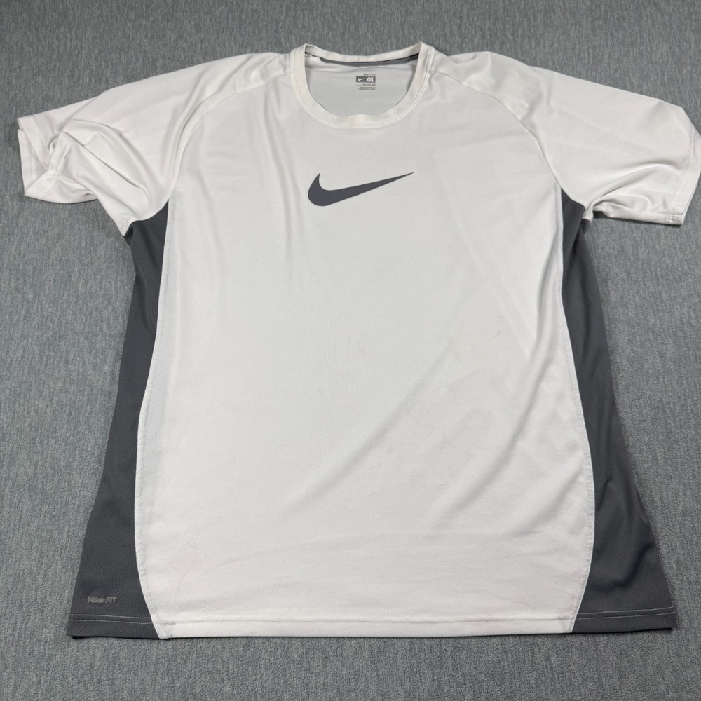 Nike T-Shirt Men XXL White Gray Dri-Fit Short Sleeve Performance Training Gym Te
